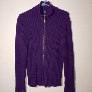 Chaps 100% Cotton Full Zip Cable Knit Stand Collar Sweater Cardigan Sz XL Purple